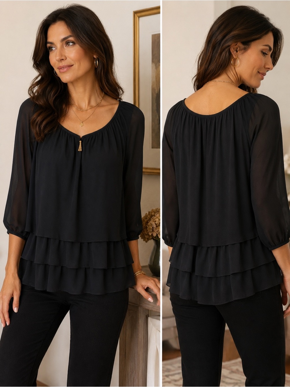Joseph Ribkoff black tiered ruffle peasant style Georgette blouse Size 8